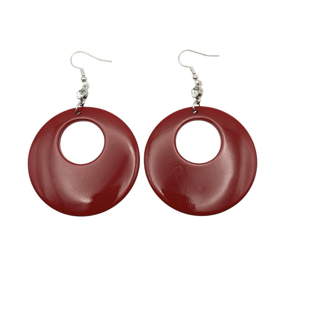 Large Red Lucite Circle Earrings Retro 60s Mod Go Go Rhinestone Accent Pierced